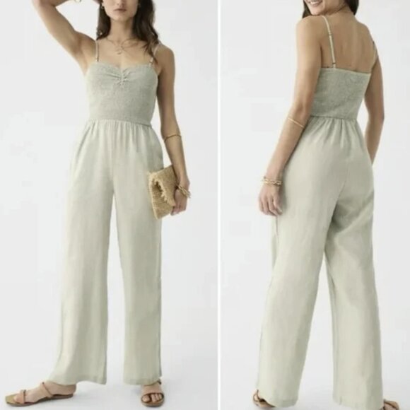 Faherty Mandy Linen Smocked Jumpsuit Desert Sage Green Size Medium - Picture 1 of 16